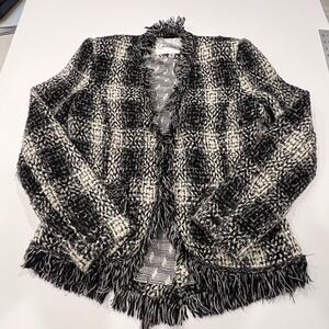 CAbi Carol Anderson‎ Women 4 Black White Tweed Fringe Blazer Jacket Y2K